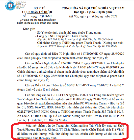 Cục Quản lý Dược thu hồi lô sản phẩm không đạt chất lượng của mỹ phẩm Thanh Thanh