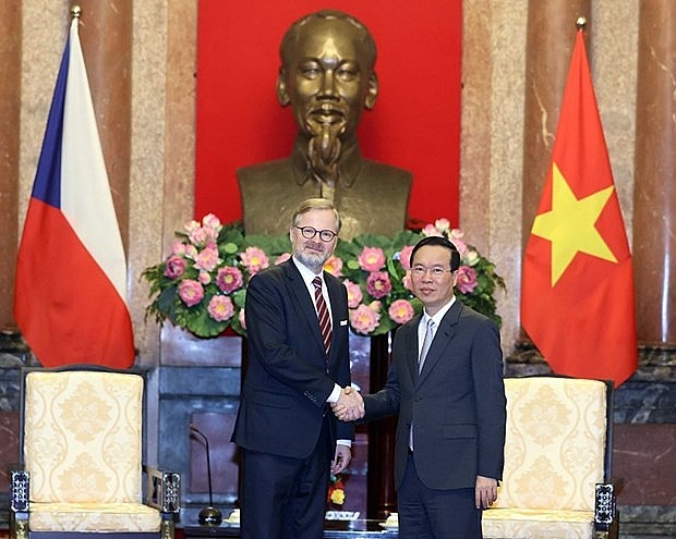 Chiều 21/4, tại Phủ Chủ tịch, Chủ tịch nước Võ Văn Thưởng tiếp Thủ tướng Cộng hòa Séc Petr Fiala đang thăm chính thức Việt Nam. (Ảnh: Thống Nhất/TTXVN)