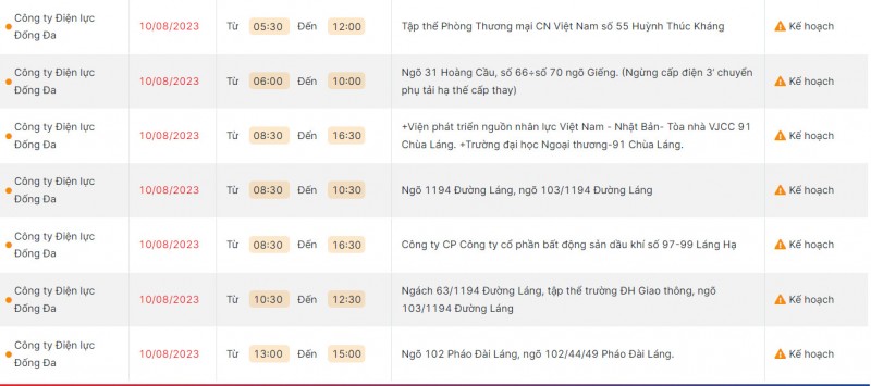 Lịch cắt điện Hà Nội hôm nay ngày 10/8/2023: Lịch cắt điện quận Đống Đa, Hoàng Mai