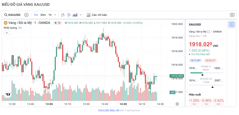 Biểu đồ biến động giá vàng trong 24 giờ qua