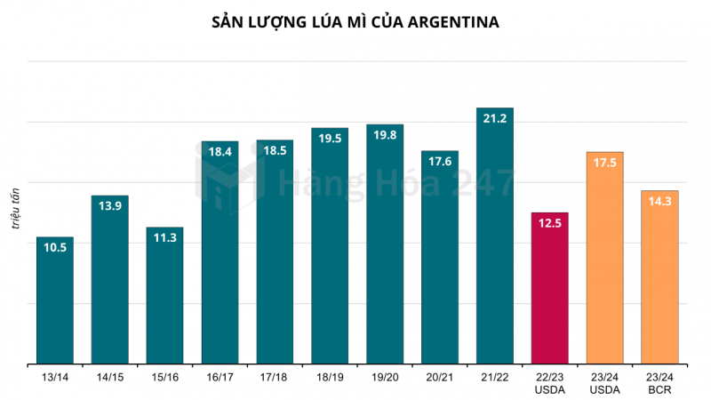 Sản lượng lúa mì niên vụ 23/24 của Argentina dự báo đạt 14,3 triệu tấn