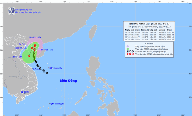 Vị trí và đường đi của bão số 5. Ảnh: NCHMF