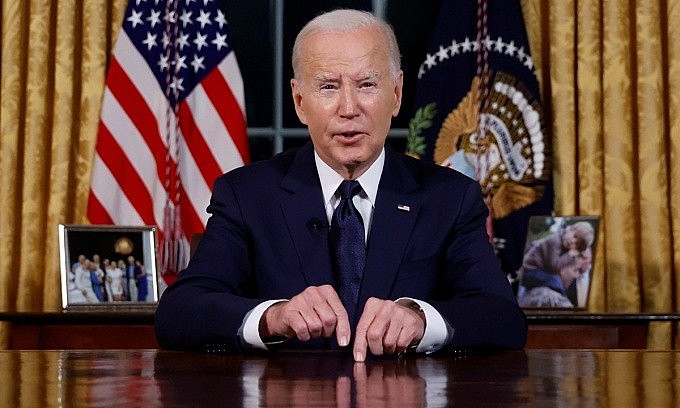 Tổng thống Mỹ Joe Biden bài phát biểu trước cả nước về xung đột Israel - Hamas từ Phòng Bầu dục, Nhà Trắng, hôm 19/10. Ảnh: Reuters