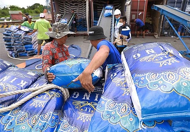 Vận chuyển gạo xuất khẩu của Tập đoàn Lộc Trời ở Tân cảng Thốt Nốt, Cần Thơ. (Ảnh: Vũ Sinh/TTXVN)