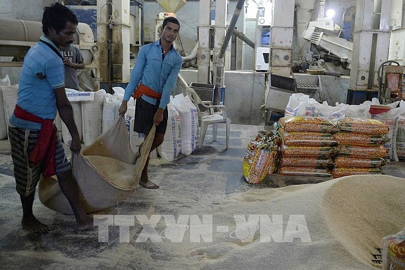 Công nhân làm việc tại một nhà máy xay xát gạo ở Hyderabad, Ấn Độ. Ảnh: AFP/TTXVN Một thương 