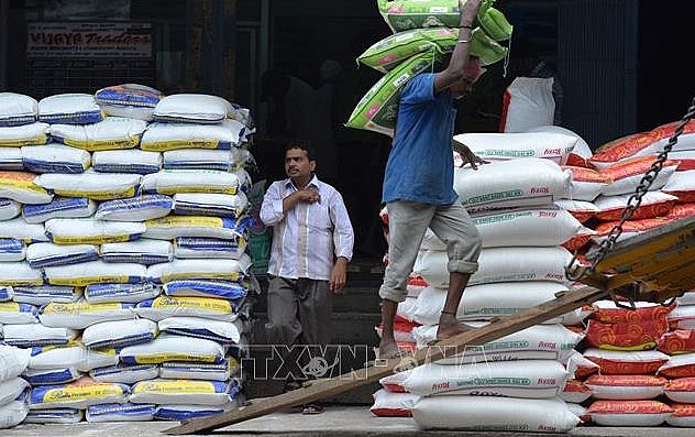 Công nhân vận chuyển gạo tại nhà kho ở Bangalore, Ấn Độ. Ảnh: AFP/TTXVN