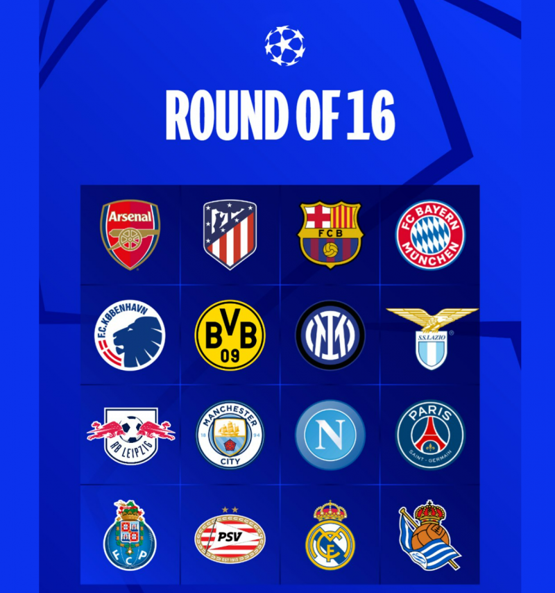 Các đội bóng góp mặt tại vòng 1/8 của Champions League 2023/24. Ảnh: UEFA Champions League 