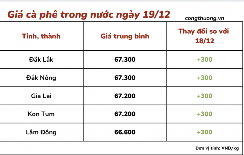 Thị trường cà phê trong nước ngày 19/12